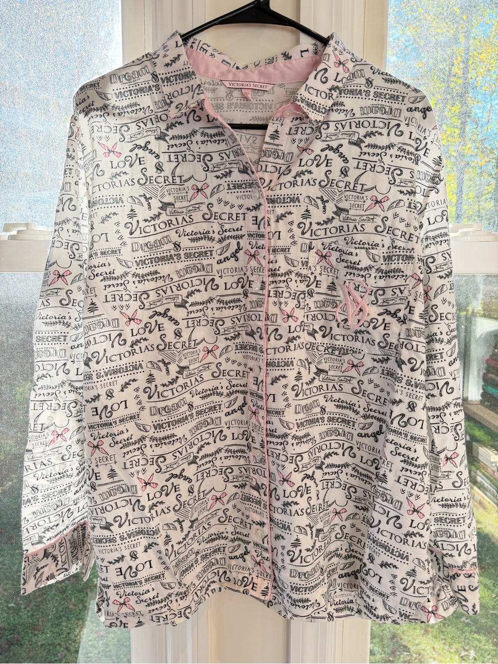 Victoria's Secret White Shirt Pink Trim and Logo Print Pajama Sleep Lounge PJs